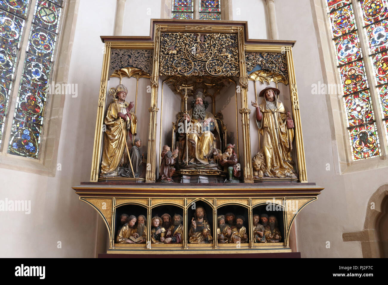 04.09.2018, Frankreich, Colmar: Die holzskulpturen der Isenheimer Altar einige Schäden aufweisen. Das Meisterwerk von M.Gründewald ist für 1,2 Millionen Euro saniert werden. Foto: Violetta Kuhn/dpa Stockfoto