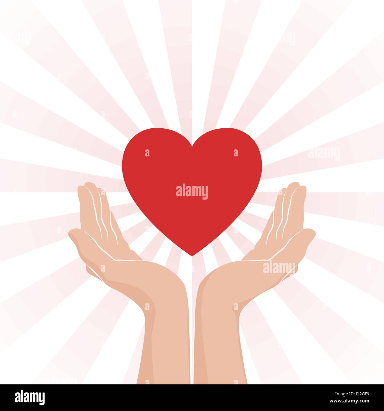 Liebe care Symbol. Zwei Hände mit roten Herzen und roten Strahlen auf weißem Hintergrund. Vector Illustration Stock Vektor