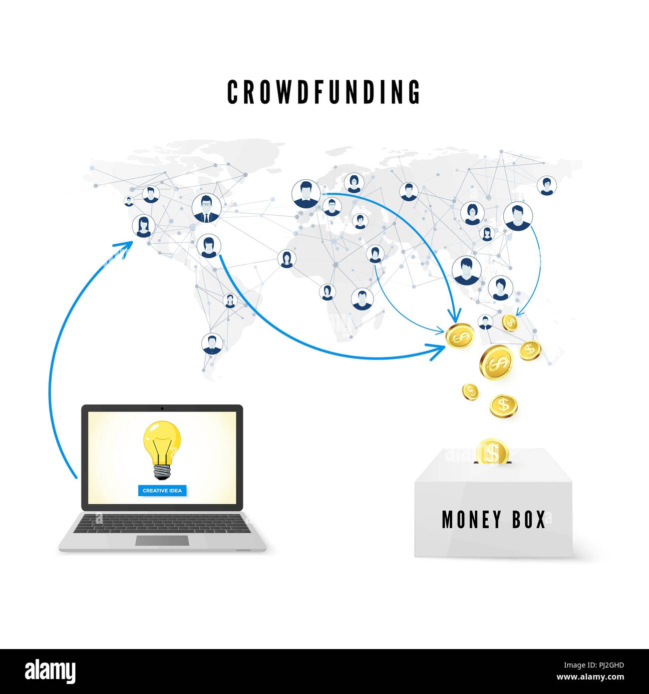 Crowdfunding Konzept. Menschen aus globalen Netzwerk Spenden von Geld für Geschäftsidee und helfen Projekt entwickeln. Vector Illustration Stock Vektor