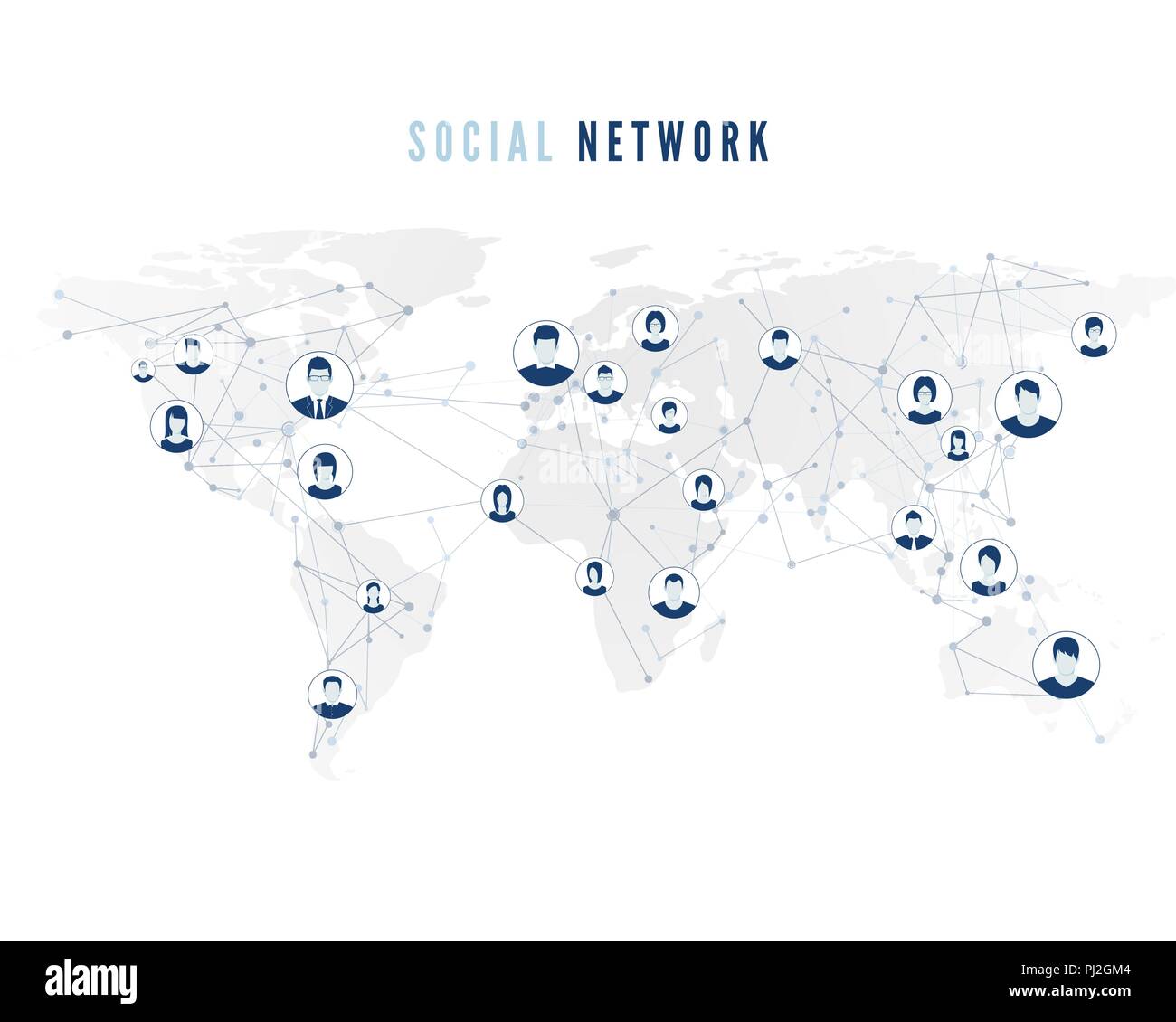 Globale soziale Netzwerk Verbindung auf Weltkarte Hintergrund. Benutzer Avatare zum World Wide-Netzwerk verbunden. Internet Konzept. Vector Illustration Stock Vektor