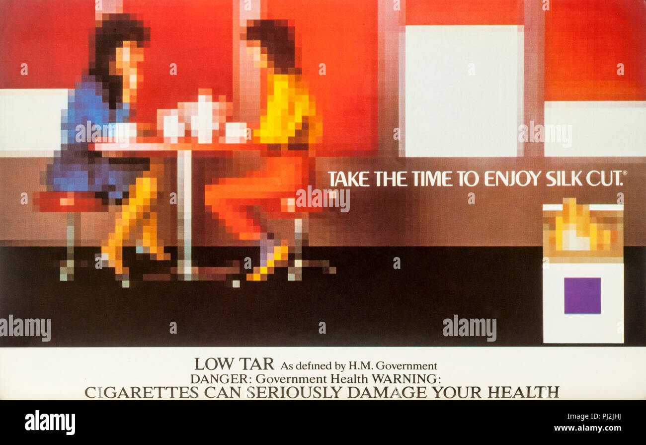 1980 s Werbung Werbung Silk Cut Zigaretten. Mit Regierung Gesundheit Warnung. Stockfoto