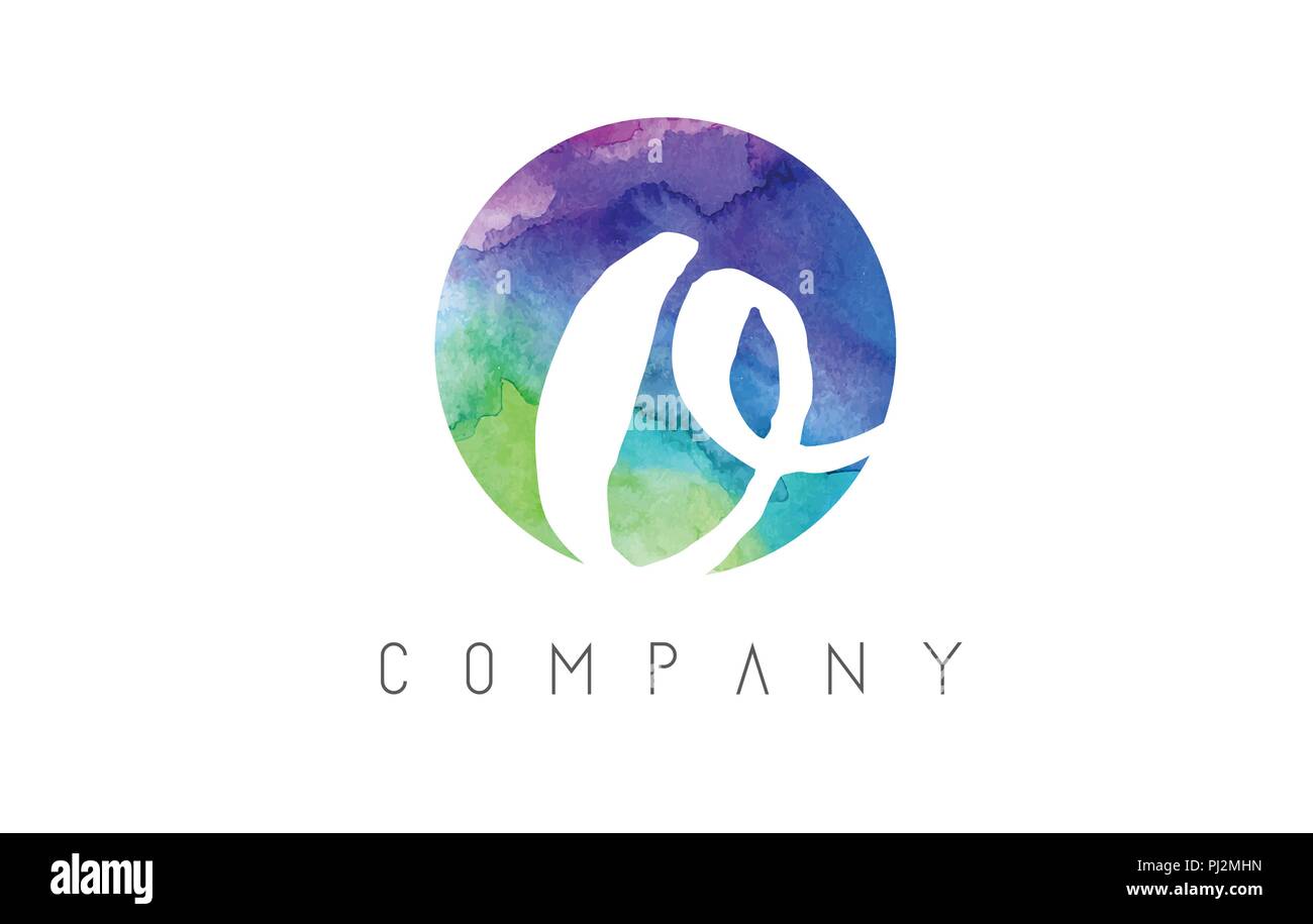 O Aquarell Schreiben Logo Design mit kreisförmigen Muster und Blau Grün Violett Farben. Stock Vektor