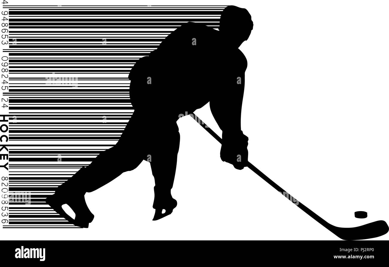 Silhouette der Hockeyspieler und Barcode. Hintergrund und Text auf einem separaten Layer, Farbe kann mit einem Klick geändert werden. Stock Vektor