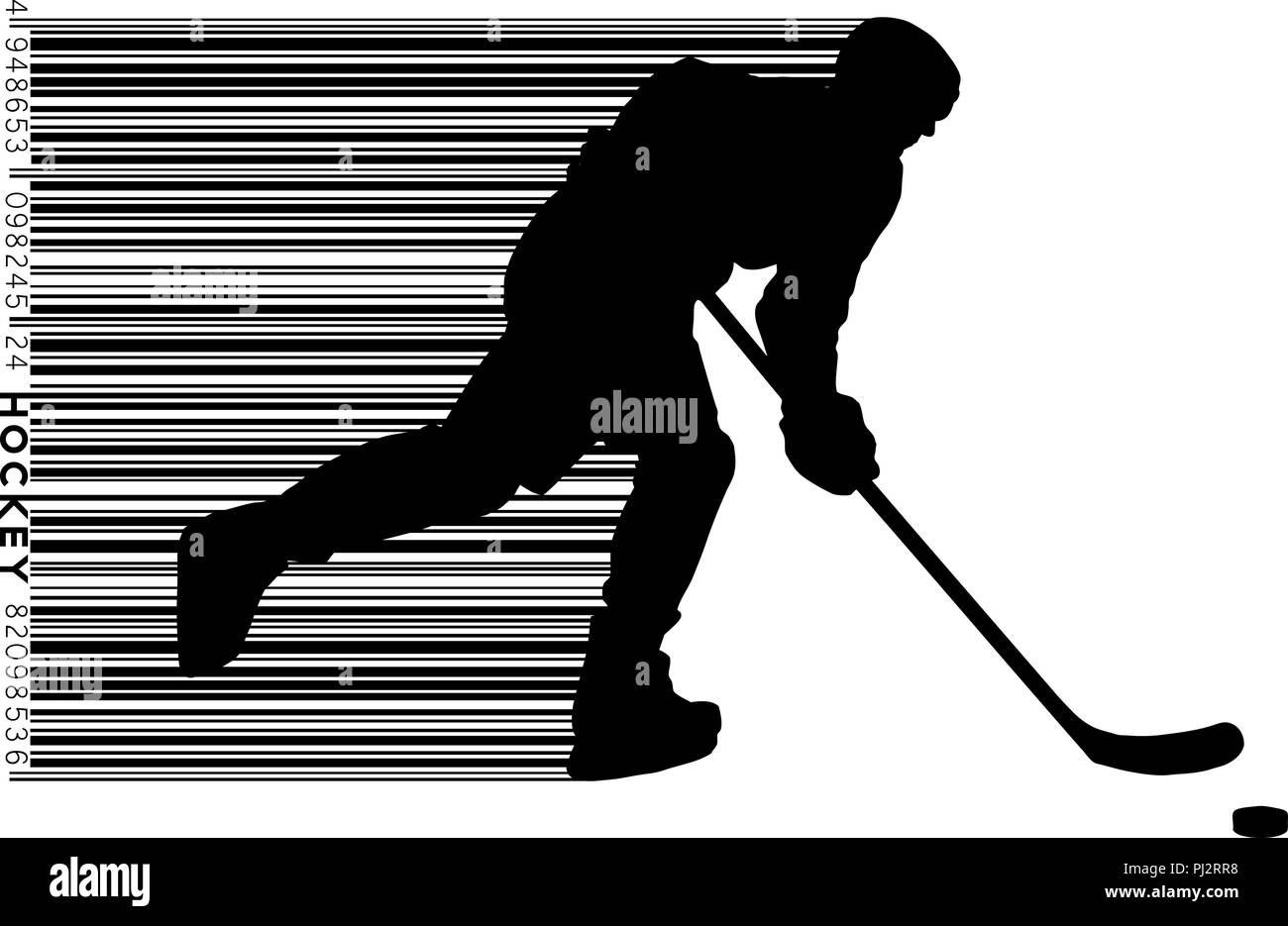 Silhouette der Hockeyspieler und Barcode. Hintergrund und Text auf einem separaten Layer, Farbe kann mit einem Klick geändert werden. Stock Vektor