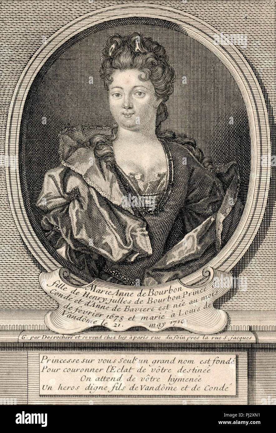 Portrait von Marie Anne de Bourbon (1678-1718) Als die Herzogin von Vendôme; sie war eine großartige Tochter des Le Grand Condé-Étienne-Jehandier Desrochers, ca. 1710 Stockfoto