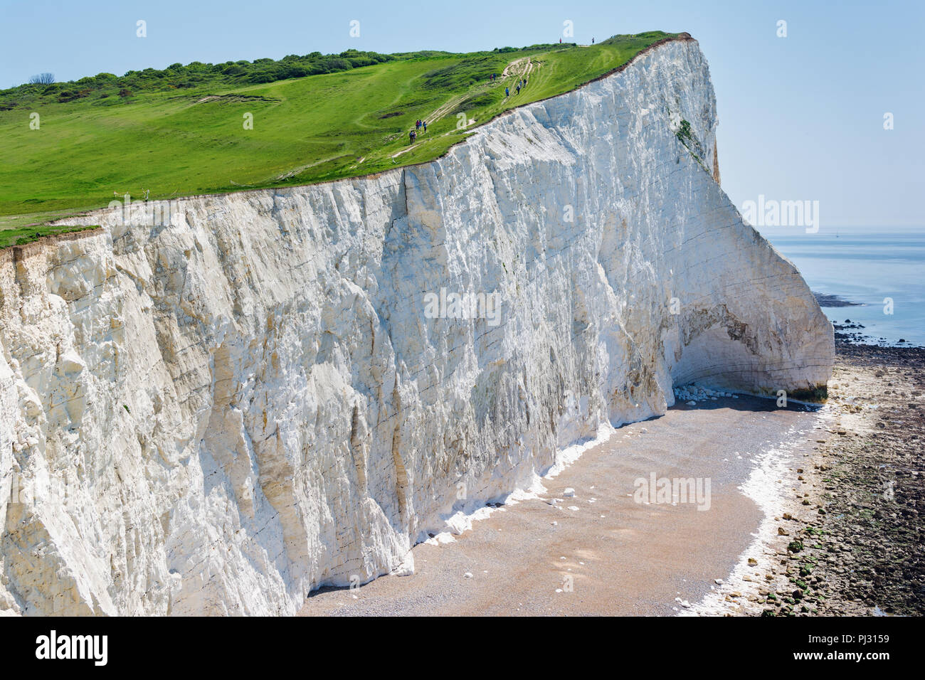 Blick auf die weißen Kreidefelsen am Morgen, Seaford, East Sussex, England, Teil der Sieben Schwestern Nationalpark, selektiven Fokus Stockfoto