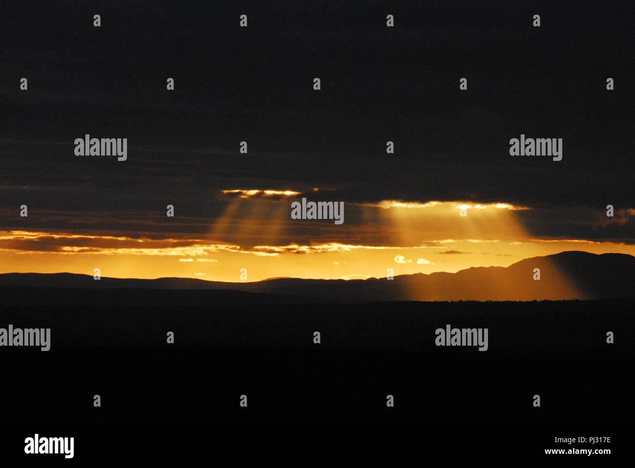 Was für ein toller Hintergrund! Brillante Lichtstrahlen Sonnenlicht, das durch die Bohrungen in der dunklen Gewitterwolken. In Südafrika fotografiert. Stockfoto