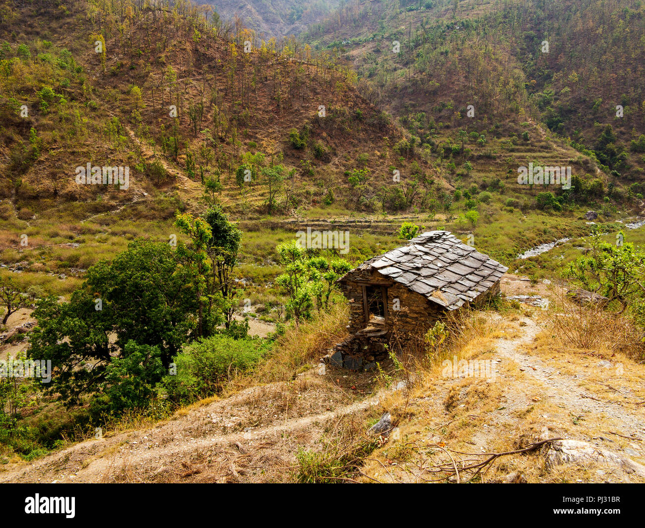 Abgebrochene Fliesen- dach Haus im Dorf, Dalkanya Nandhour Tal, Kumaon Hügel, Uttarakhand, Indien Stockfoto