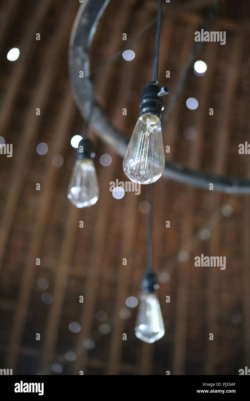 Alte vintage Edison Stil Lampen in alten Farm Barn Stockfoto