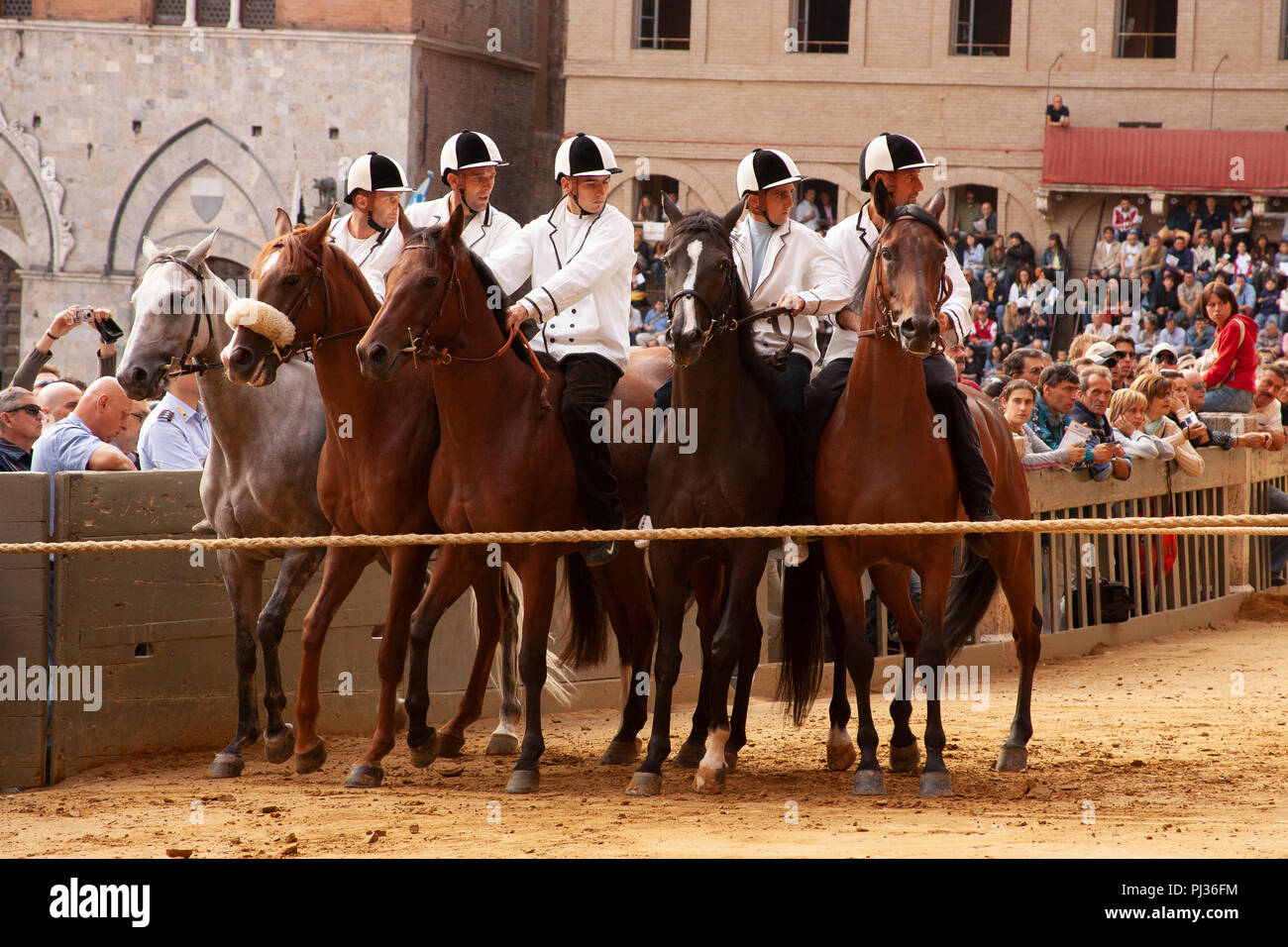 Lokale Jockeys Test die Pferde, Wird in der Palio di Siena, Siena, Italien Stockfoto