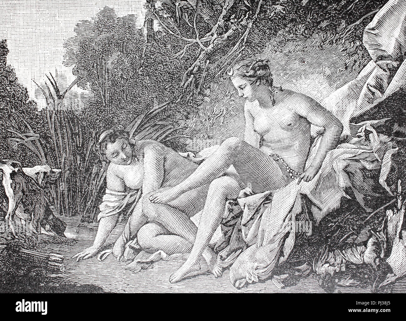 Diana, die Göttin der Jagd, des Mondes und der Natur in der römischen Mythologie nach dem Baden, digital verbesserte Reproduktion des Originals aus dem Jahr 1895 Stockfoto