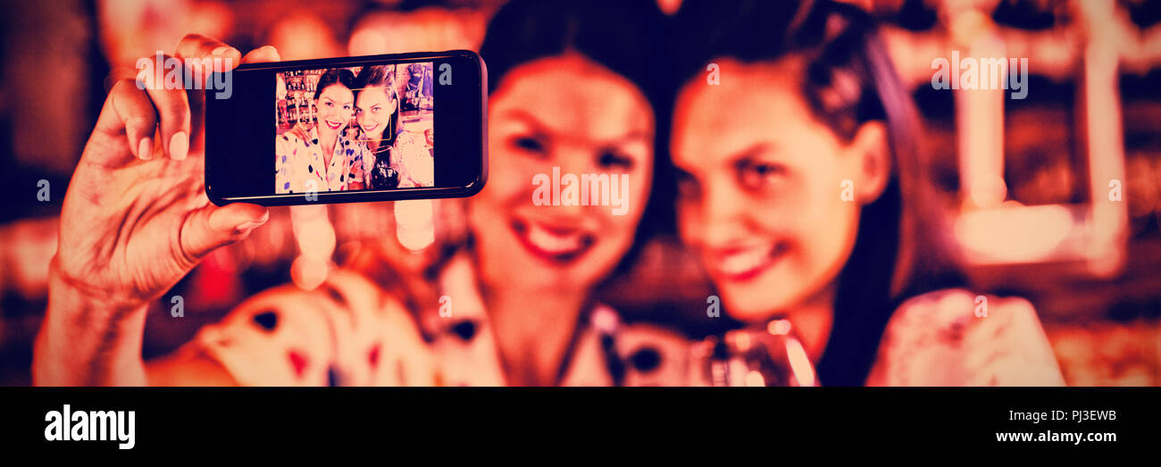 Junge Frauen, die ein selfie vom Handy bei einem Rotwein Stockfoto