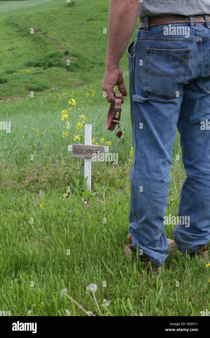 Mann am Kreuz von Toten pet Holding Kragen Stockfoto