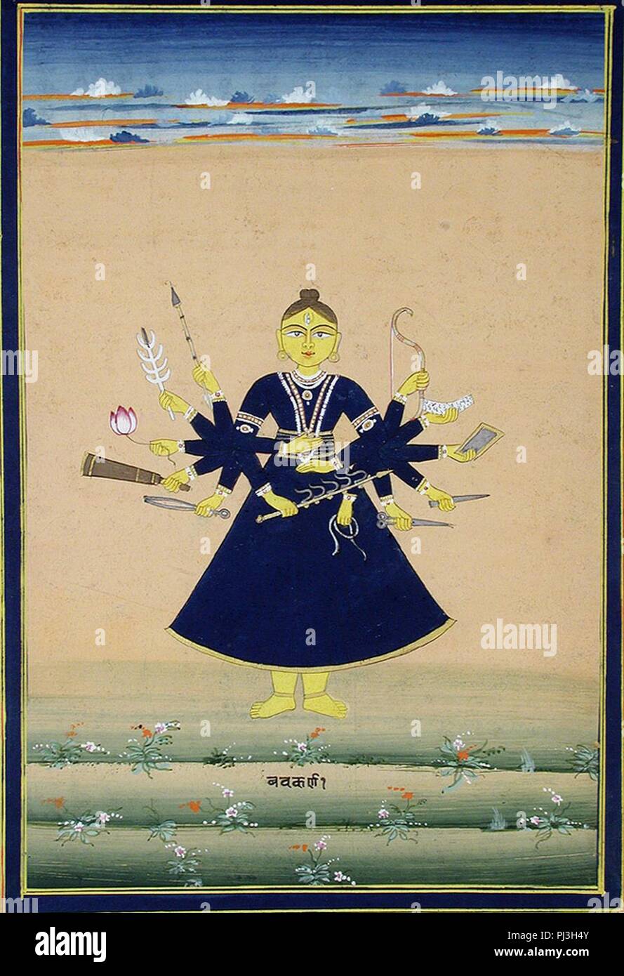 Badrakali, mit vierzehn Arme, in denen jeweils ein Attribut 124573041). Stockfoto