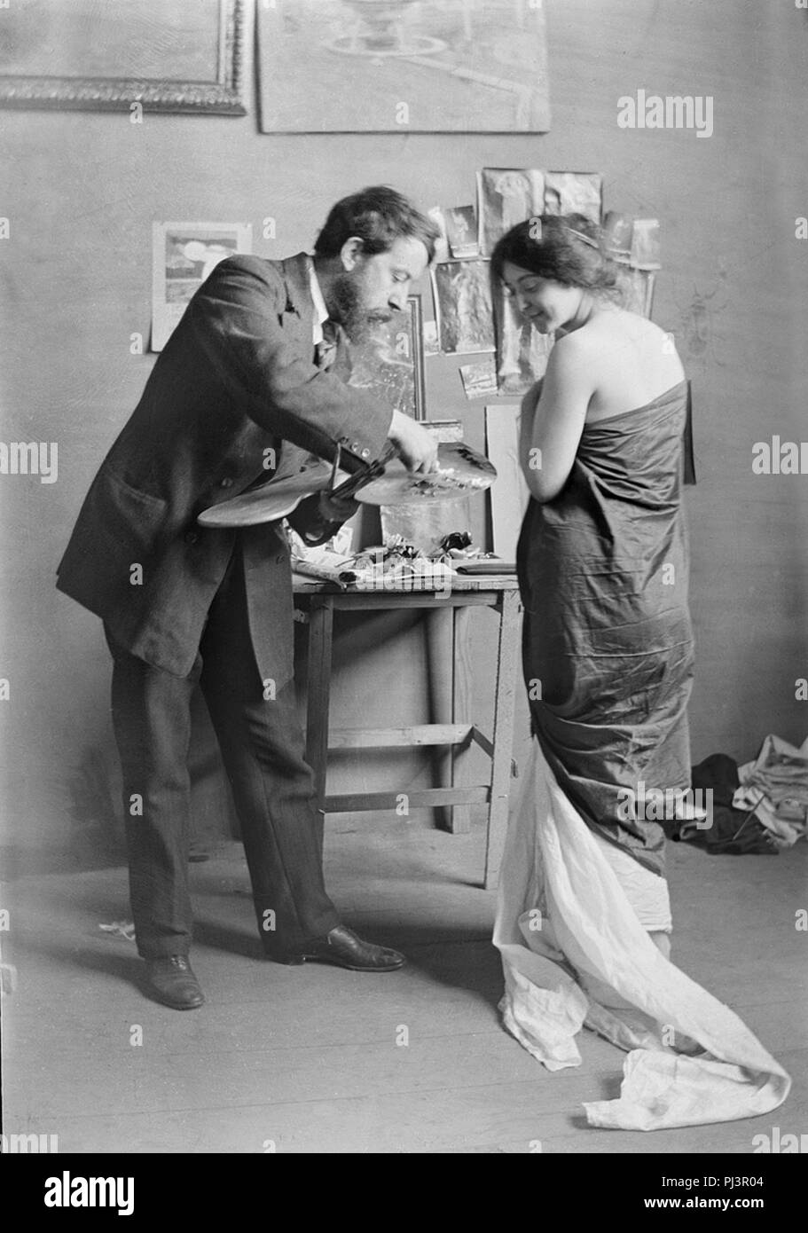 Baldomer Gili Roig. Baldomer Gili Roig amb una Modell al Seu estudi (Roma), 1900 - 1904. Stockfoto