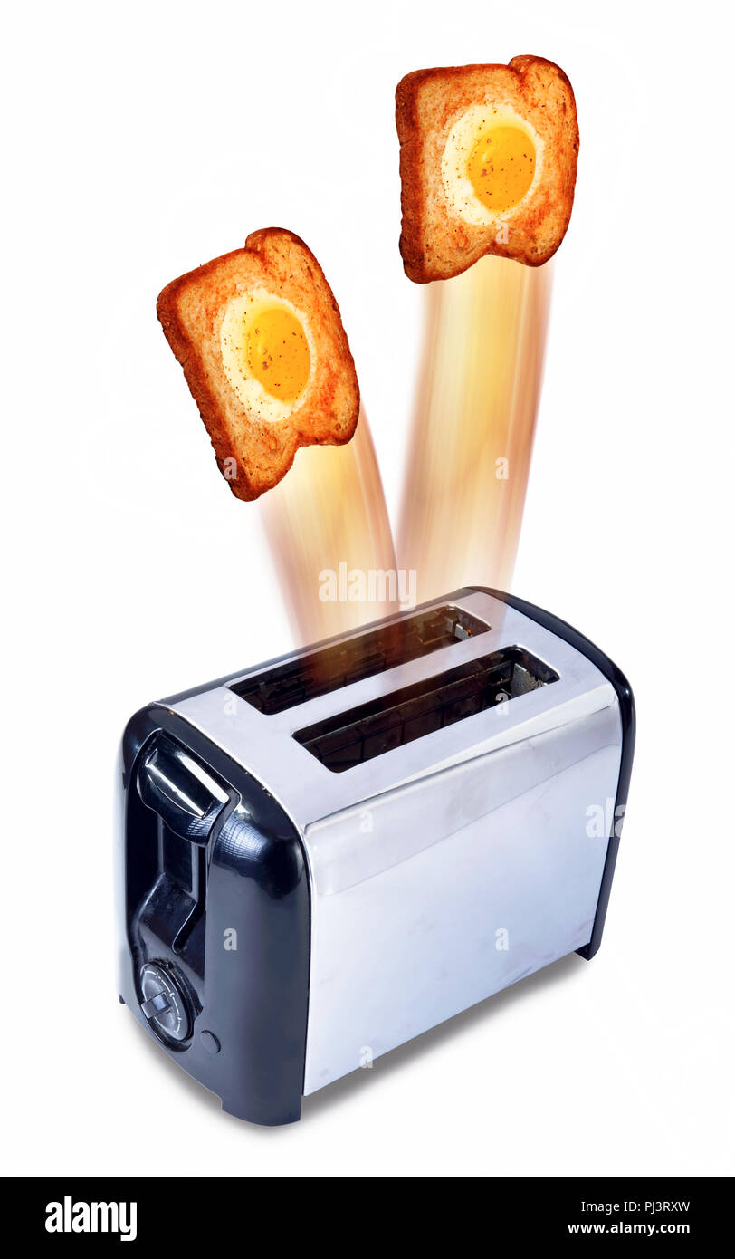 Toaster flying hogh sunny side up egg Toast. Stockfoto