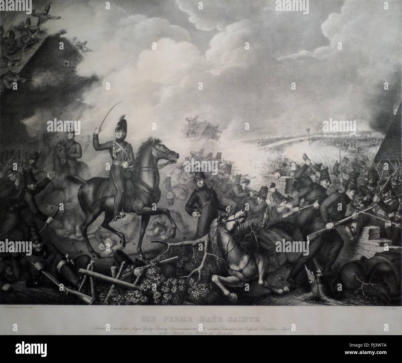 Verteidigung der Ferme Haye Sainte durch den Großen Georg Baring in der Schlacht von Waterloo. Stockfoto