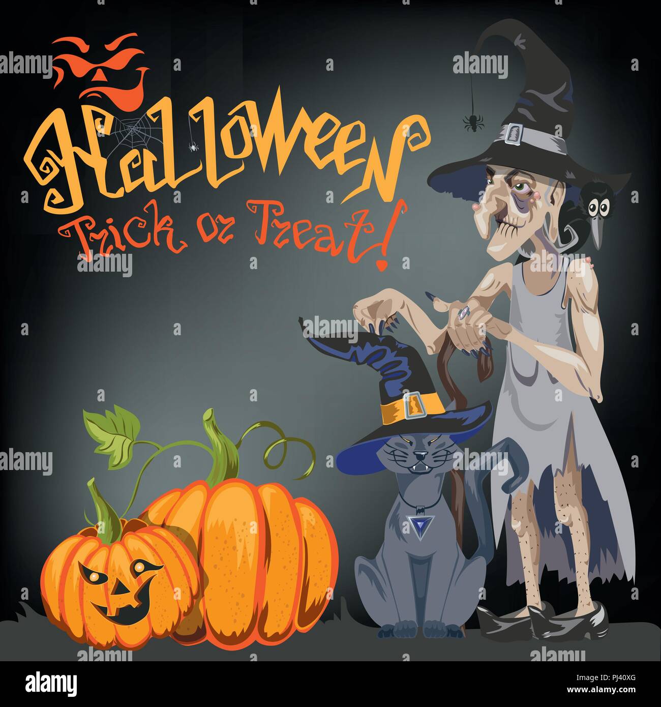 Eine Halloween cat in eine Hexe Hut sitzt gegen einen Vollmond in der Nacht. In der Nähe der Besen, Kürbis mit Süßigkeiten und Blätter, flüchtige Vampire und Sterne. Die Herbstferien. Vektor, flacher Stil. Stock Vektor