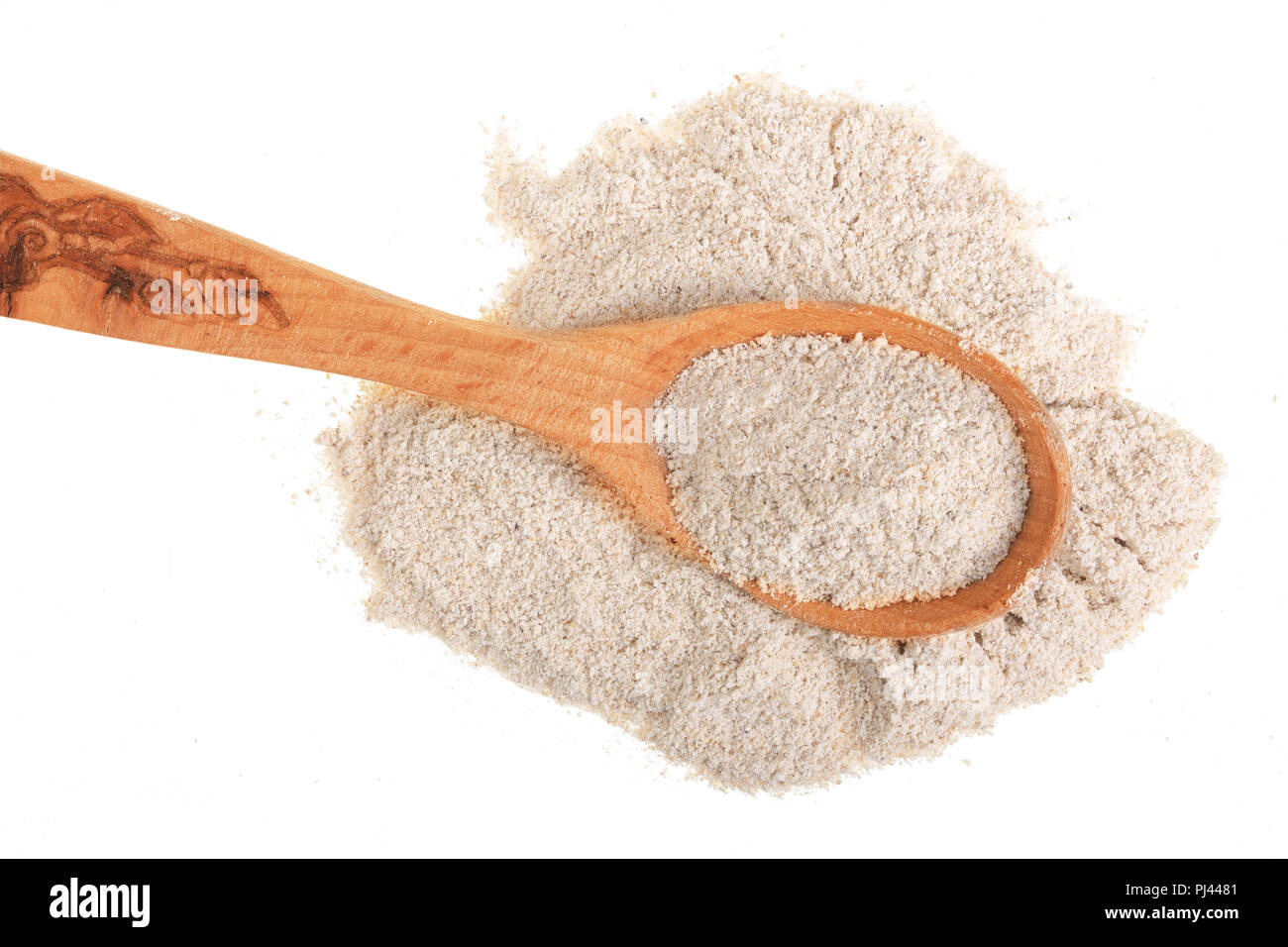 Hafer Mehl in hölzernen Löffel auf weißem Hintergrund. Ansicht von oben. Flach Stockfoto