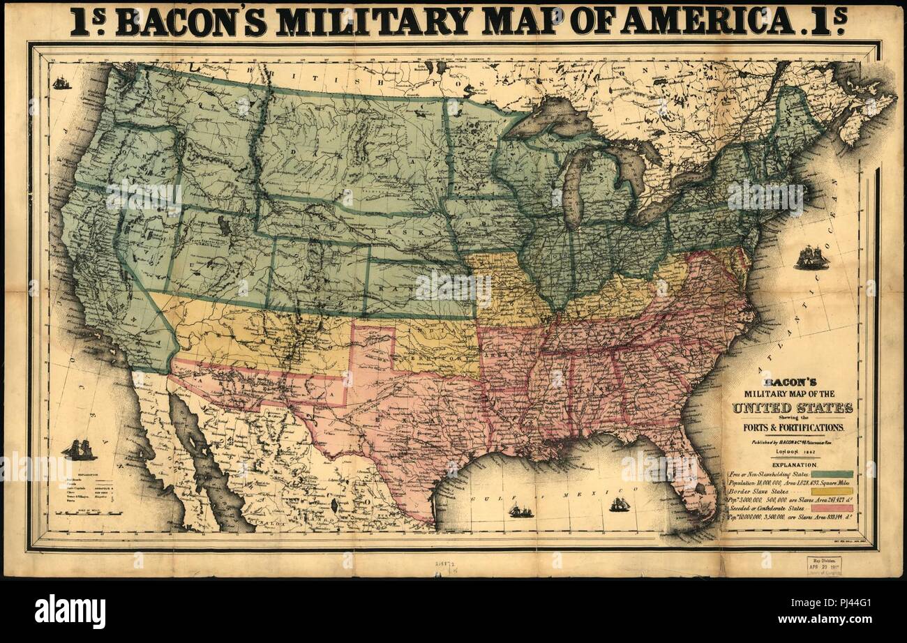 Bacons militärische Karte der Usa erweist die Forts und Befestigungsanlagen. Stockfoto