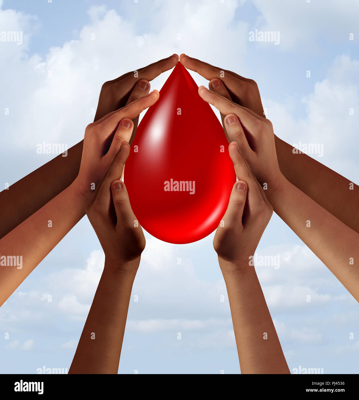 Blut Spende an die Gesellschaft als Nächstenliebe mit diversen freiwilligen Eigenblut ein lebenswichtiges Körperteil in einer 3D-Darstellung. Stockfoto