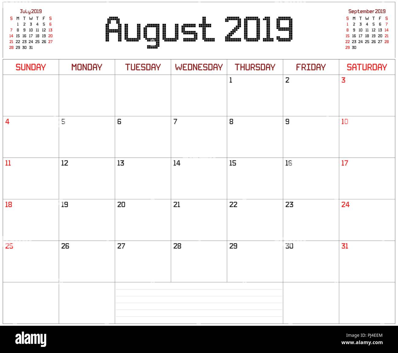 2019 August Planer - eine monatliche Planer Kalender für August 2019 auf  Weiß. Eine quadratische Pixel Style verwendet Stock-Vektorgrafik - Alamy