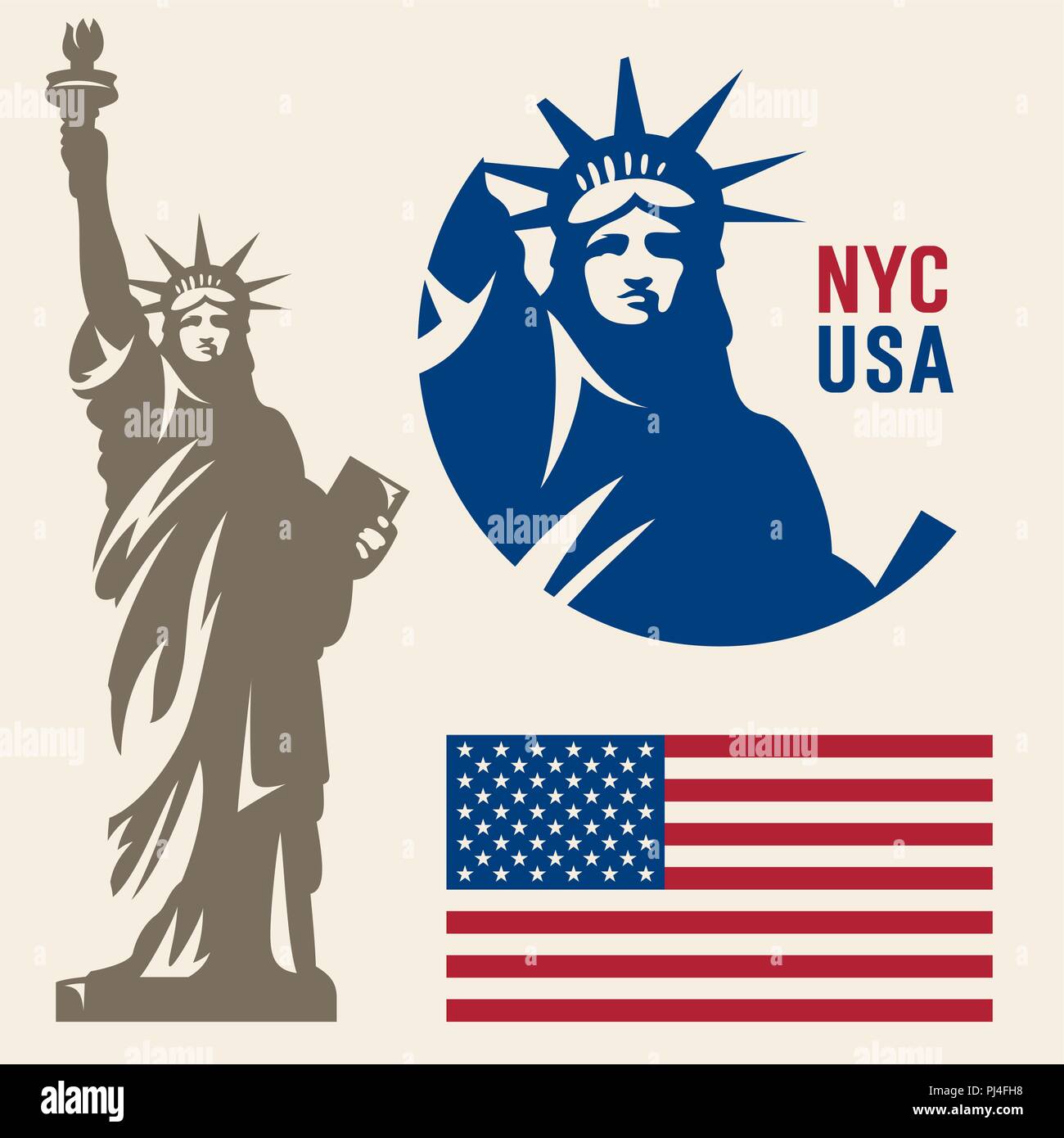 Die Freiheitsstatue. New Yorker Wahrzeichen. Amerikanische Symbol. Amerikanische Flagge Stock Vektor