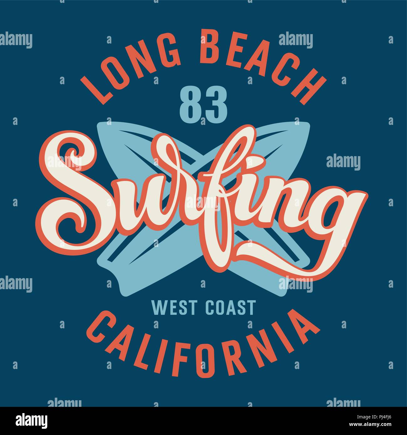 Surfen Artwork. California Long Beach Design. Vector Illustration im Vintage Style für T-Shirt drucken Stock Vektor