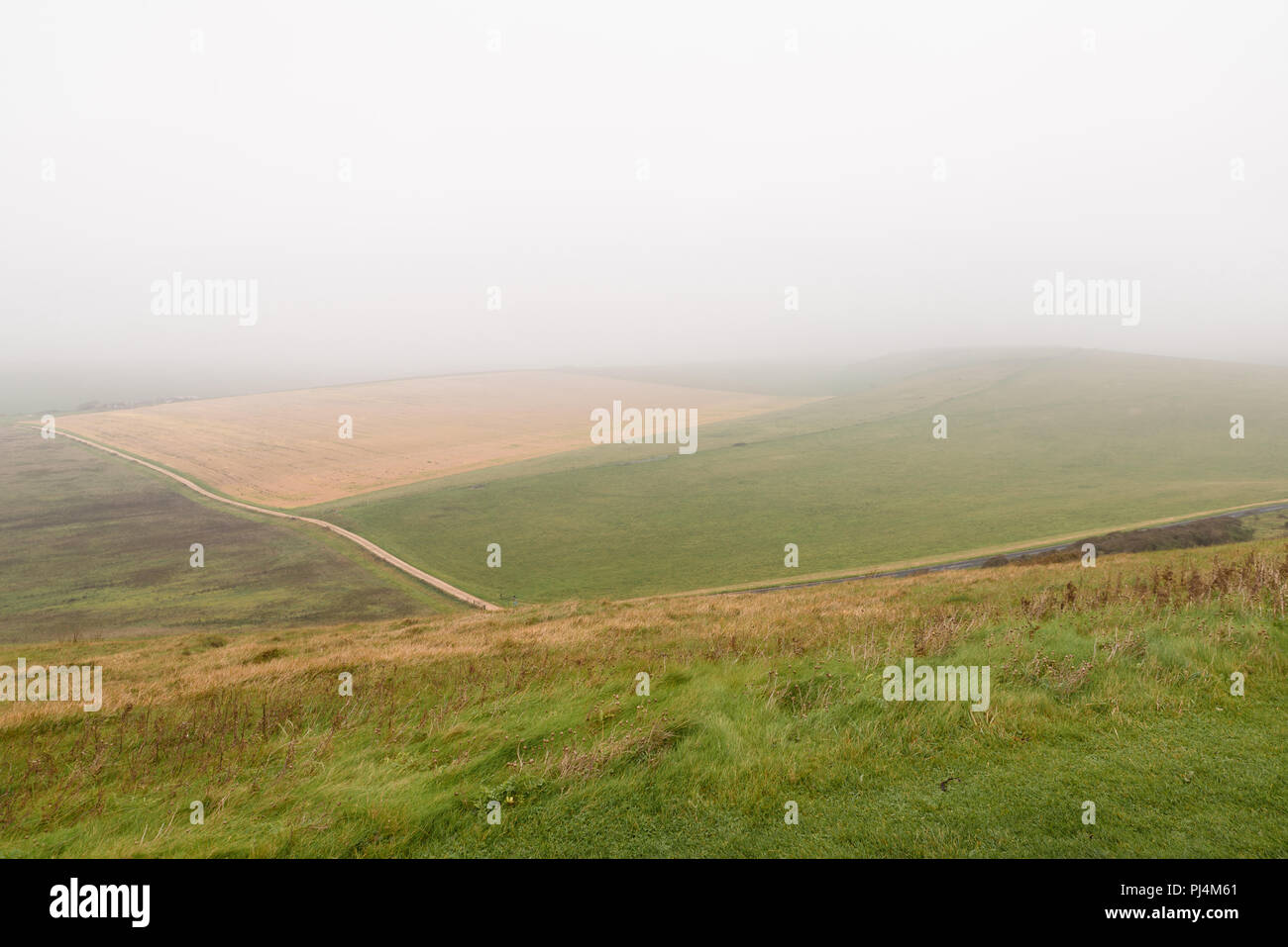 Kleine Straße und ein Auto auf dem Hügel zu den Nebel am malerischen England Hügeln, zwischen grünen und gelben Felder, East Sussex. Stockfoto