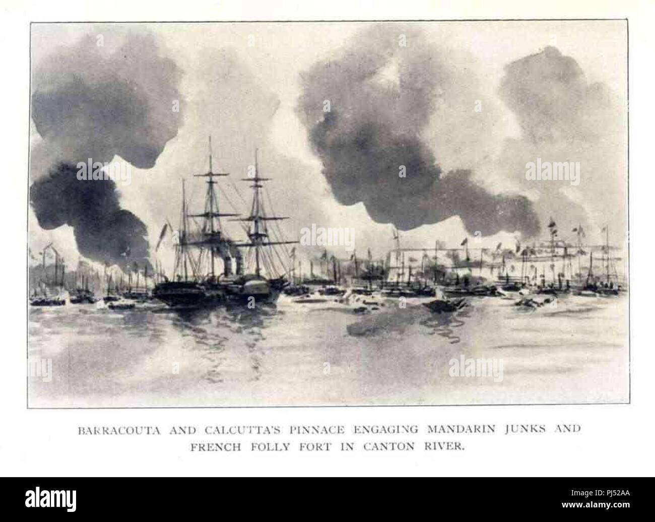 Barracouta&Kalkutta pinnace engagieren Dschunken. Stockfoto