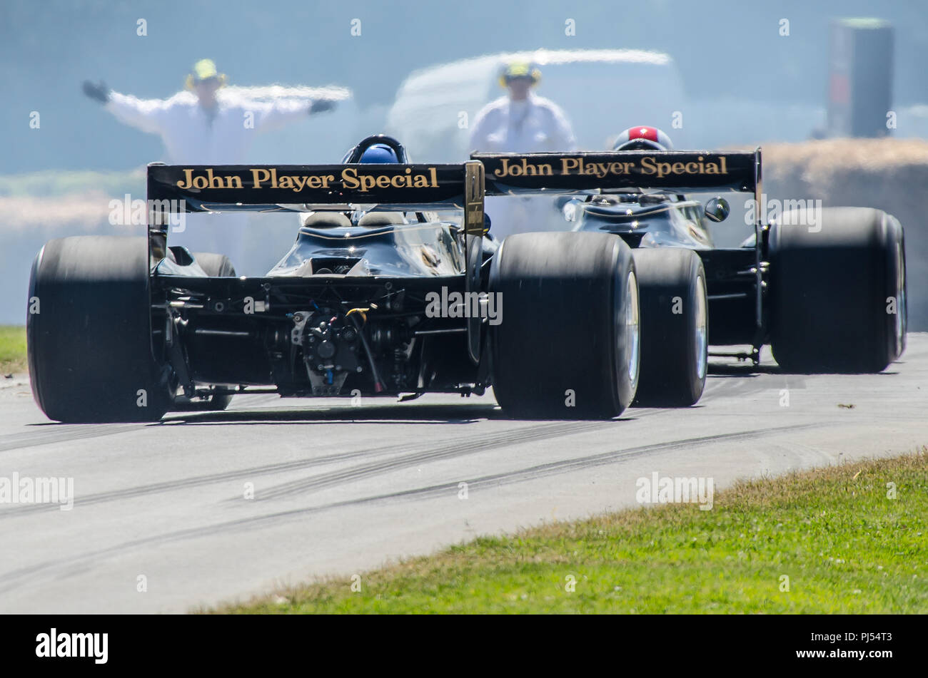 Historische Lotus John Player Special Formel 1-Grand Prix Rennwagen am Goodwood Festival der Geschwindigkeit, FoS. Auf einem Hügel, Anschluss Stockfoto