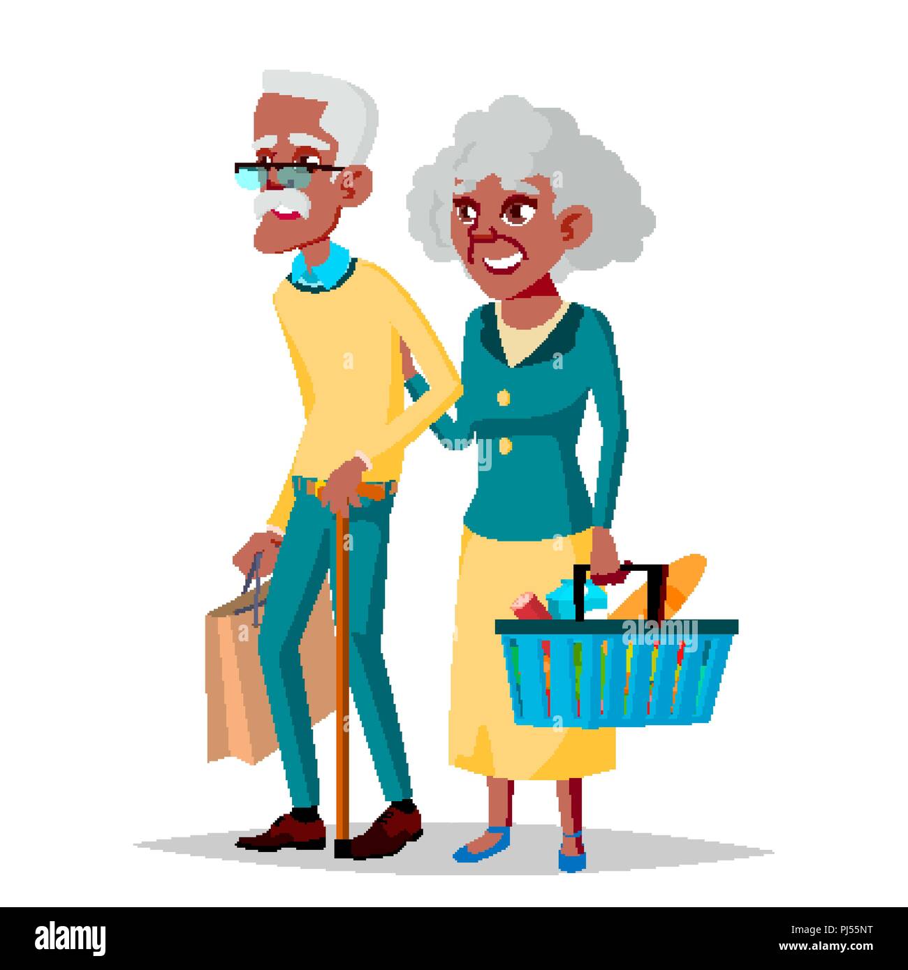 Ältere Paare Vektor. Großvater Großmutter. Schwarz, Afro-amerikanische. Lifestyle. Ein paar der älteren Menschen. Isolierte flache Cartoon Illustration Stock Vektor