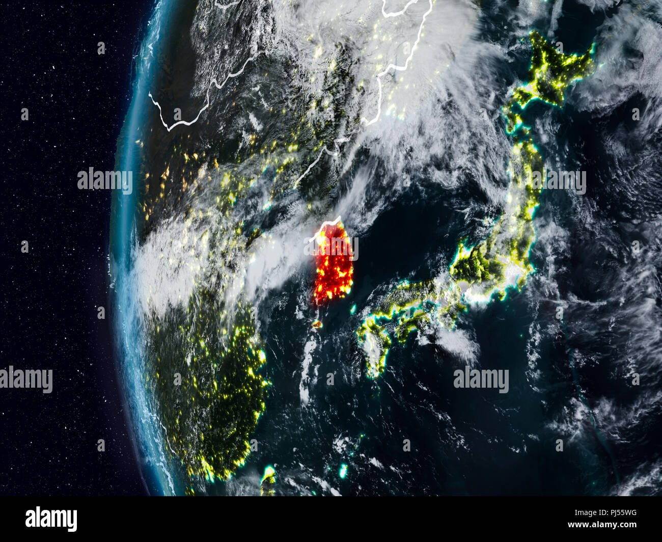 Südkorea in der Nacht mit sichtbaren Grenzen. 3D-Darstellung. Elemente dieses Bild von der NASA eingerichtet. Stockfoto