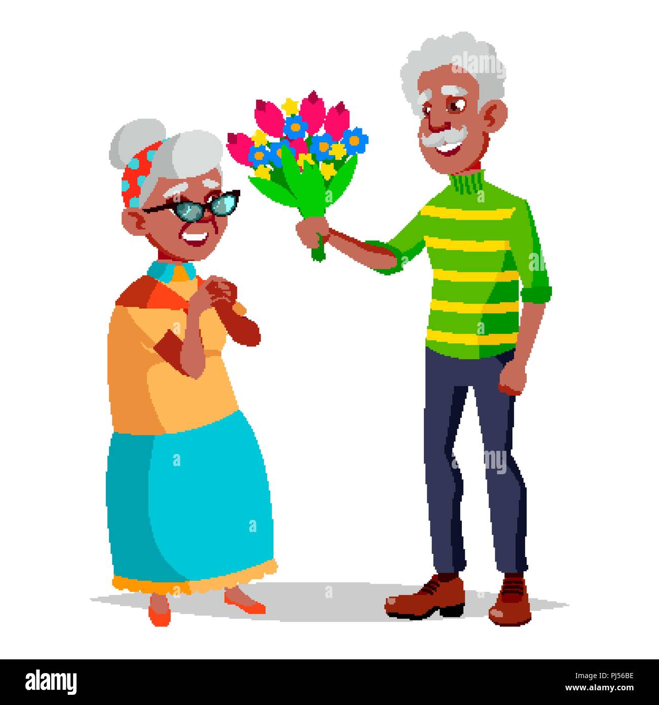 Ältere Paare Vektor. Moderne Großeltern. Gefühl glücklich. Im Alter. Schwarz, Afro-amerikanische. Isolierte flache Cartoon Illustration Stock Vektor