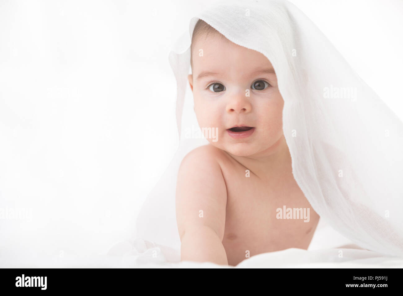 Baby suchen neugierig mit weißem Schleier gekleidet Stockfoto