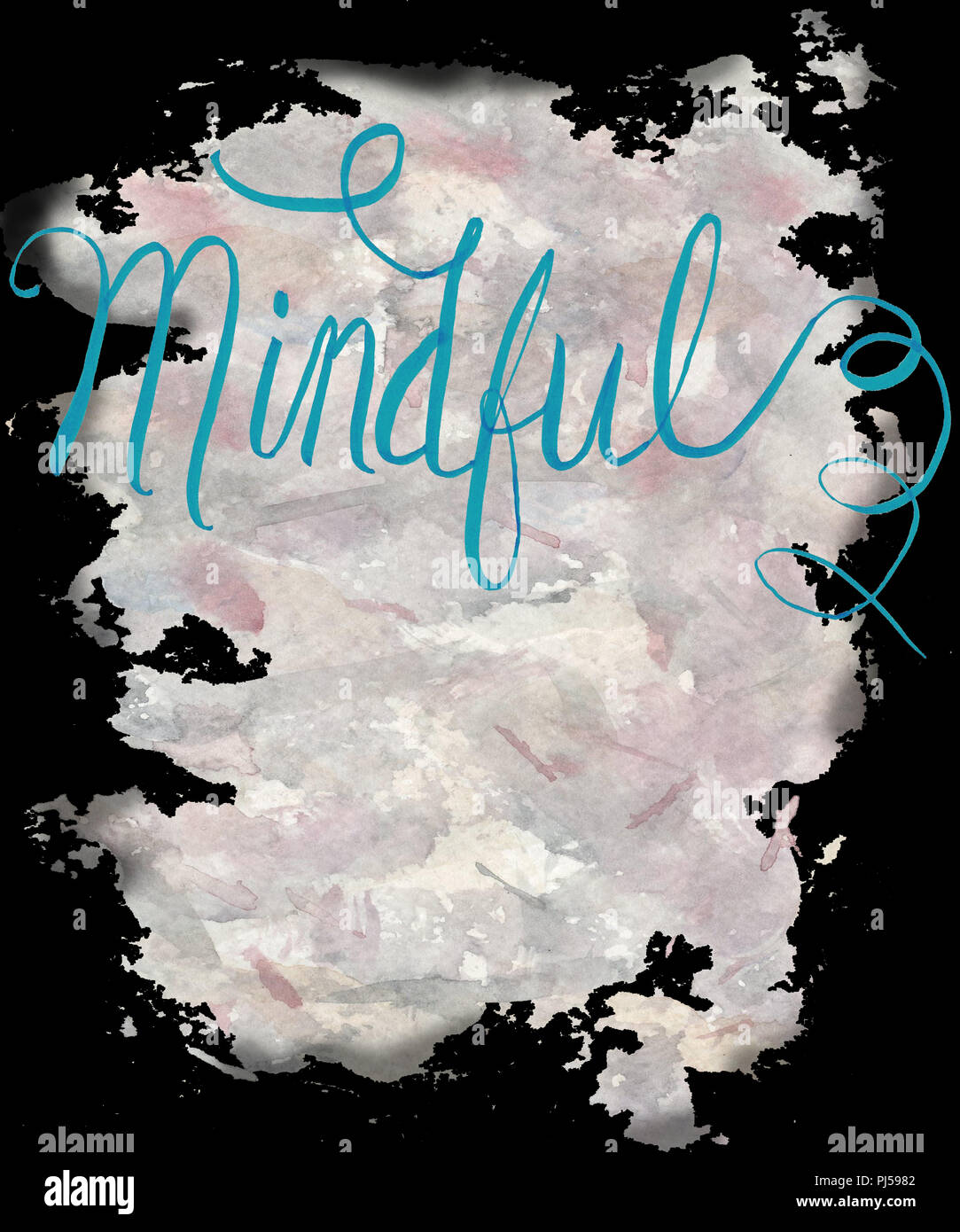 Das Wort bewusst Kalligraphie, handlettered mit einem Aquarell abstrakt Hintergrund in dieser Abbildung gemalt. Die große Mauer Kunst auch. Stockfoto