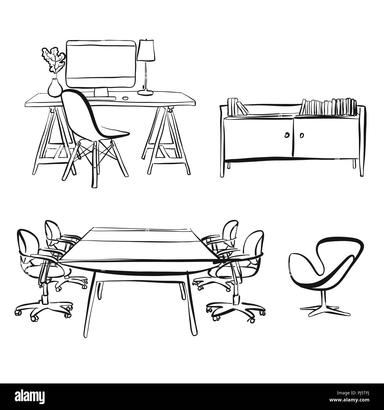 Büro innere Objekte zeichnen. Handgezeichnete vektor Skizze. Business Concept Design. Stockfoto