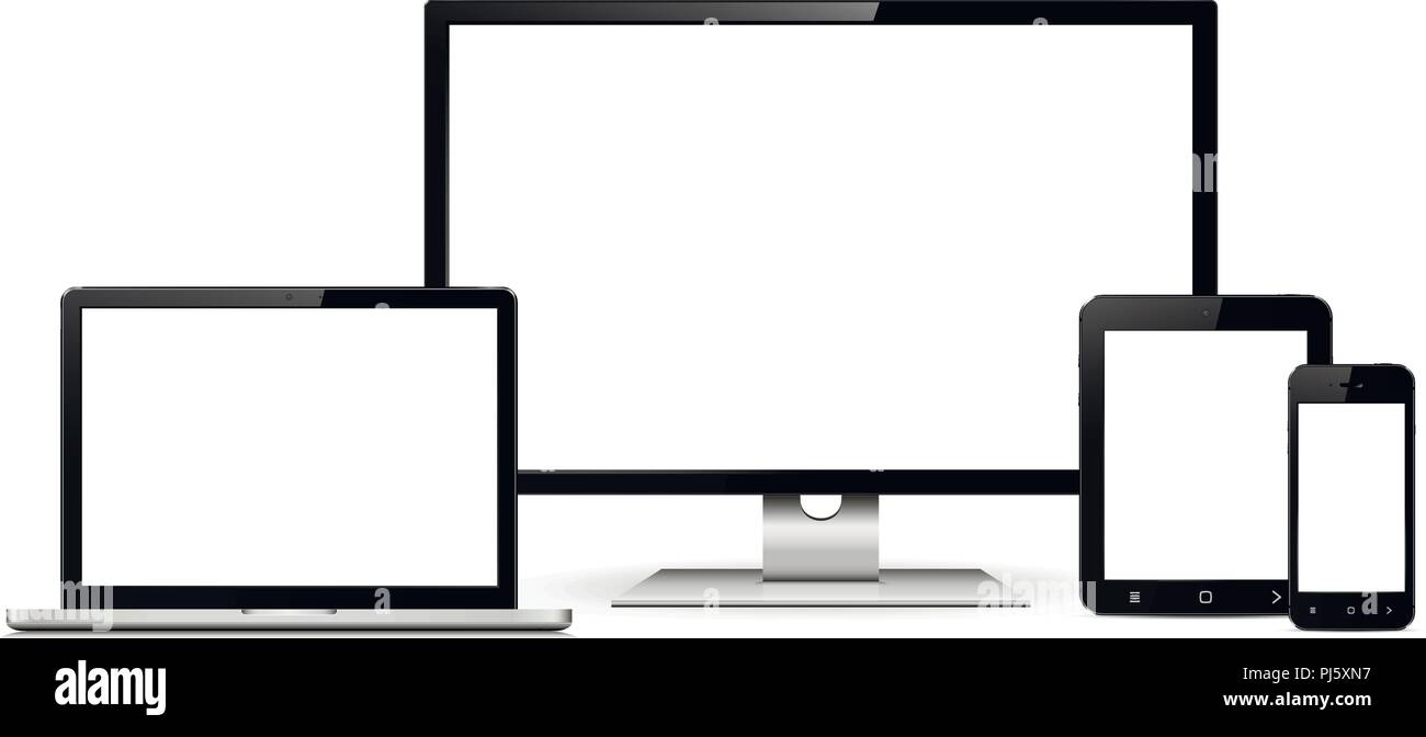 Satz von schwarzen Bildschirmen mit Computer Monitor, Laptop, Tablet-PCS und Smartphones Stock Vektor