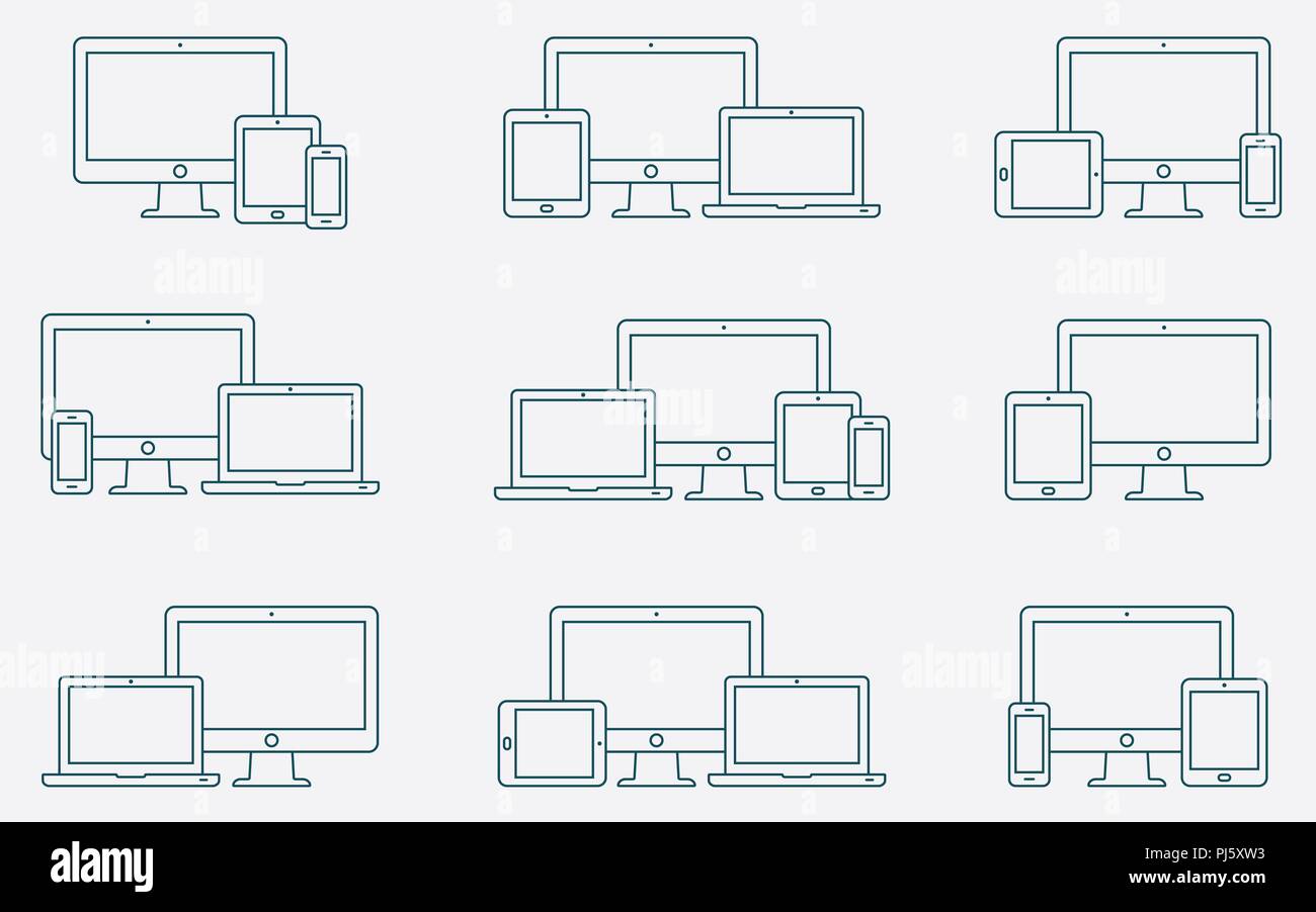 Vektor einrichten der Umrisse Gerätesymbole. Reaktionsschnelle digitale Geräte Symbole. Stock Vektor