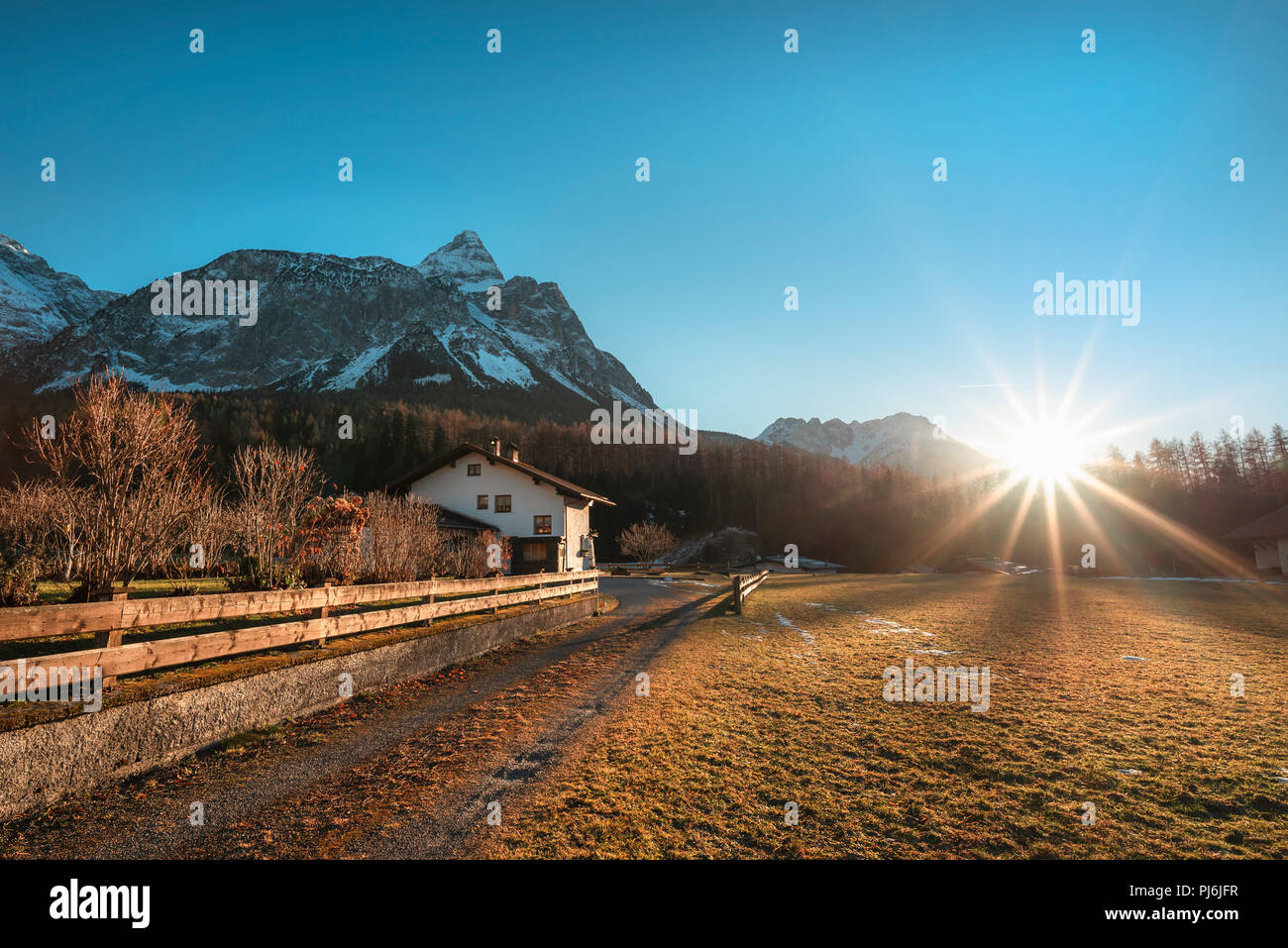 Der frühe Winter Landschaft mit getrocknetem Gras, kahlen Bäumen, den Österreichischen Alpen Berge und eine helle Sonne mit ihren Strahlen, in Ehrwald, Österreich. Stockfoto