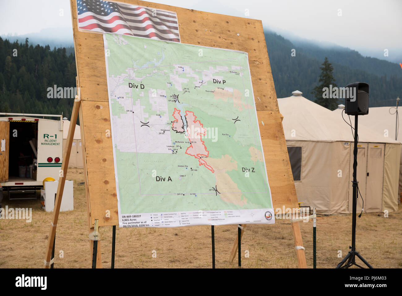 Terwilliger Feuer Lager ODER, USA - 30. August 2018: Map Detail der Terwilliger Feuer, Brennen derzeit mehr als 8000 Hektar des Willamette Nationa Stockfoto