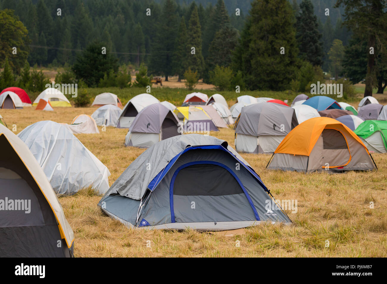 Terwilliger Feuer Lager ODER, USA - 30. August 2018: Zelte Haus Feuerwehrmänner an den Terwilliger Feuer base camp in der Willamette National Forest der Oreg Stockfoto