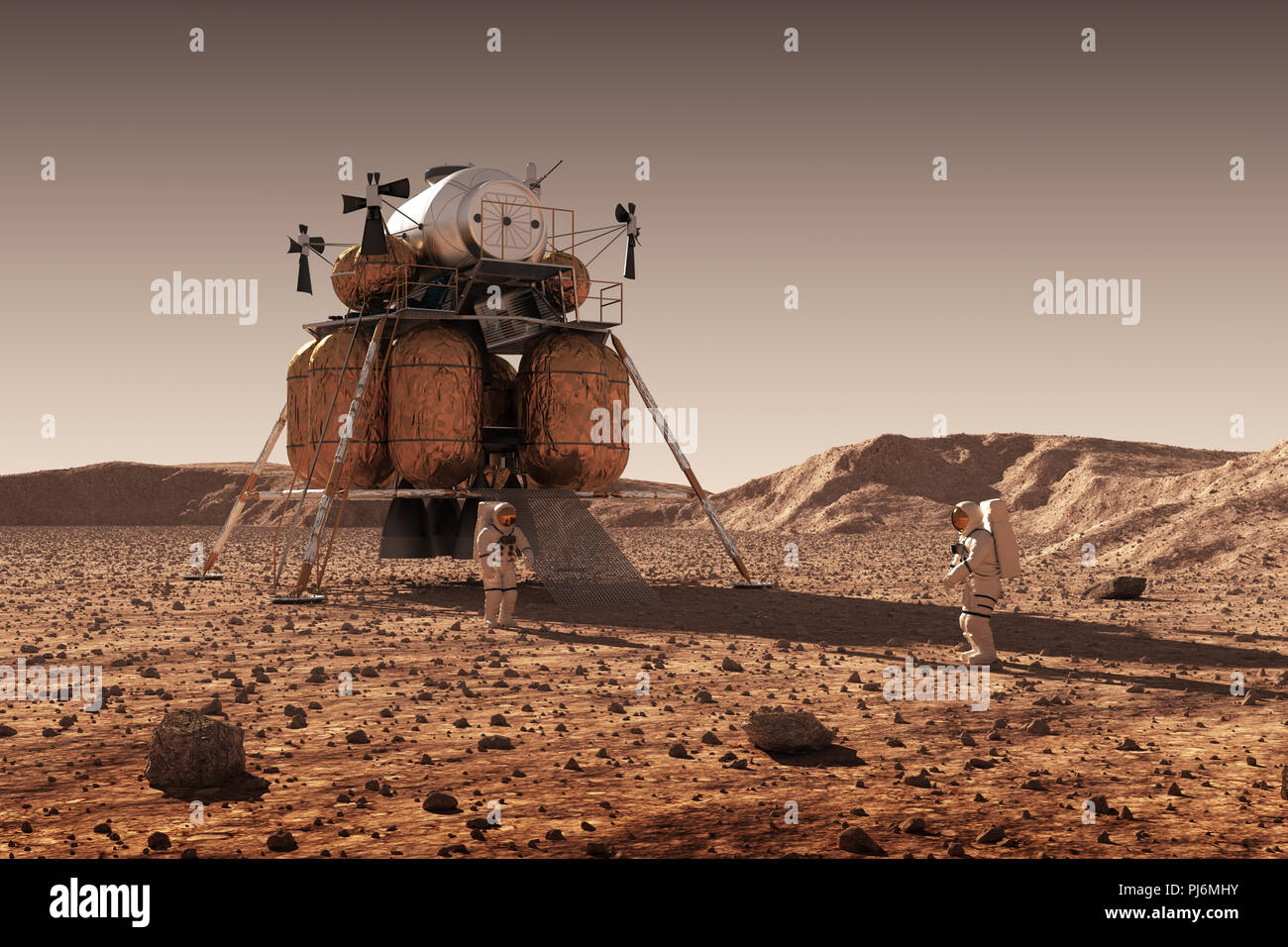 Abstieg Modul von interplanetaren Station und Astronauten auf der Oberfläche des Planeten Mars. 3D-Darstellung. Stockfoto