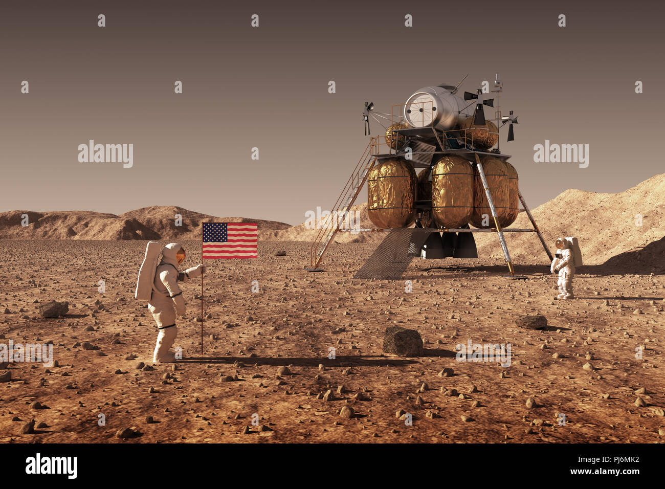 Astronauten eine amerikanische Flagge auf dem Planeten Mars. 3D-Darstellung. Stockfoto