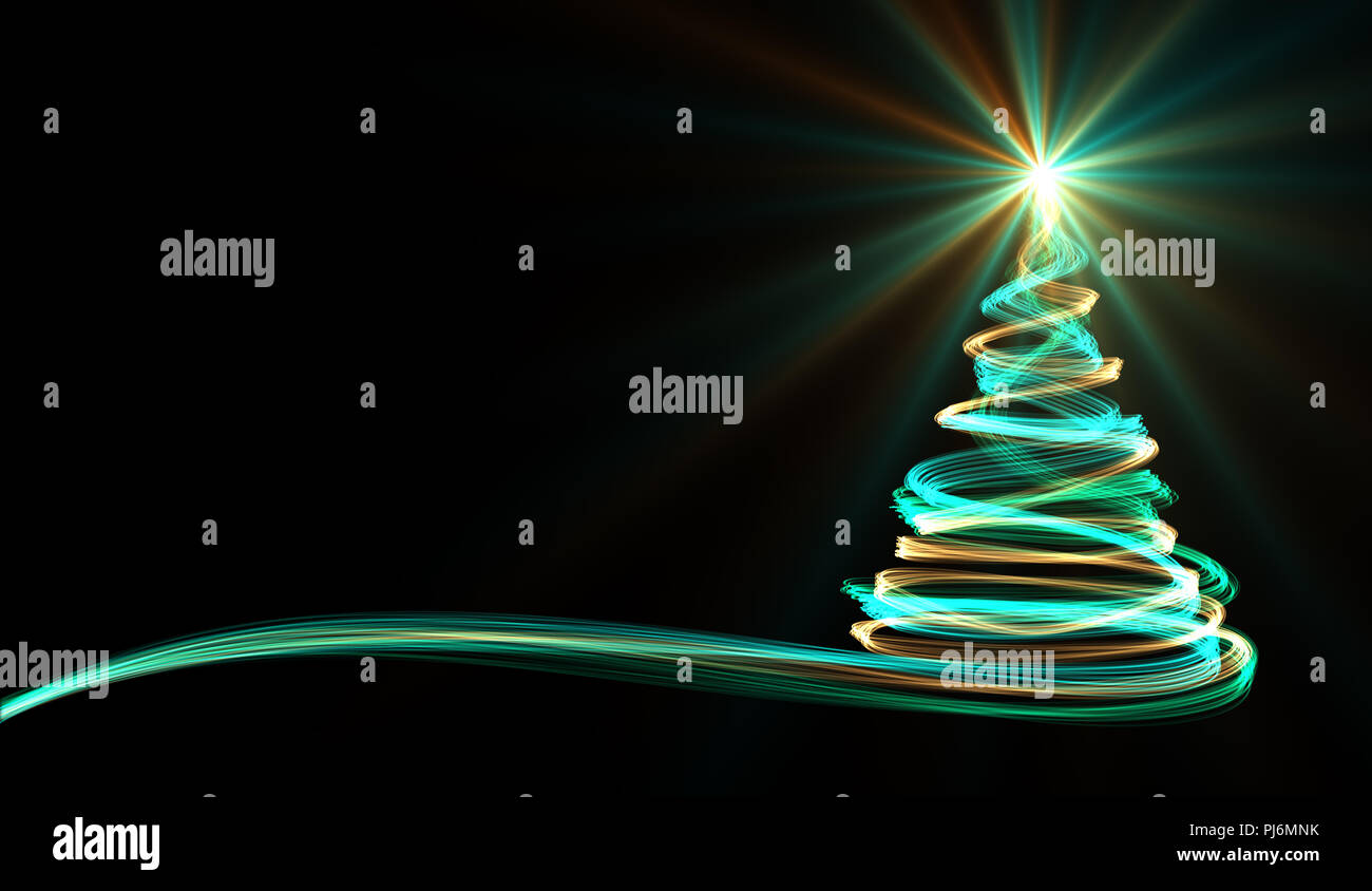 Weihnachtsbaum aus Gelb, Blau und Grün Neon Streifen. 3D-Darstellung. Stockfoto