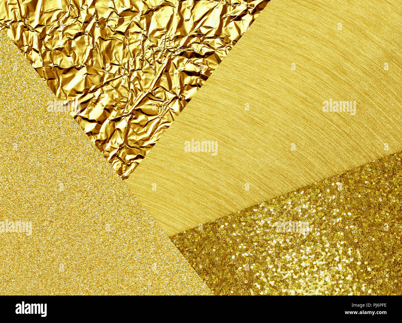 Goldener Hintergrund mit verschiedenen Texturen in der Diagonale abstract Layout Stockfoto