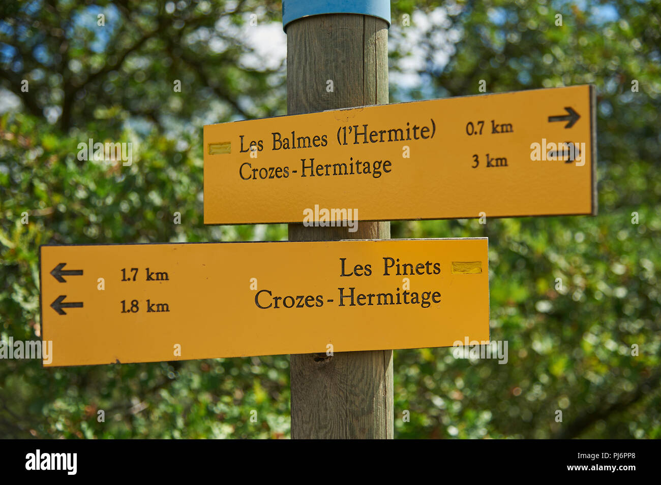 Gelbe fingerpost Zeichen auf einem Holz Pfosten auf dem Hügel oberhalb von Tain l'Hermitage im Departement Drome, Rhone Alpes, Frankreich Stockfoto