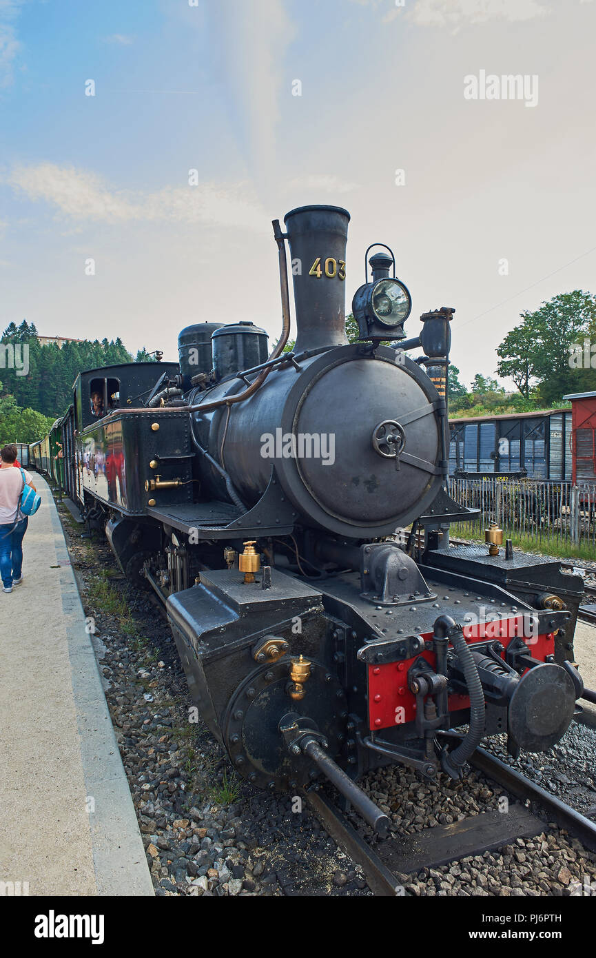 Dampflokomotive auf dem Zug de l'Ardeche wartet an Boucieu-le-Roi entfernt. Ardeche, Rhône-Alpes, Frankreich Stockfoto