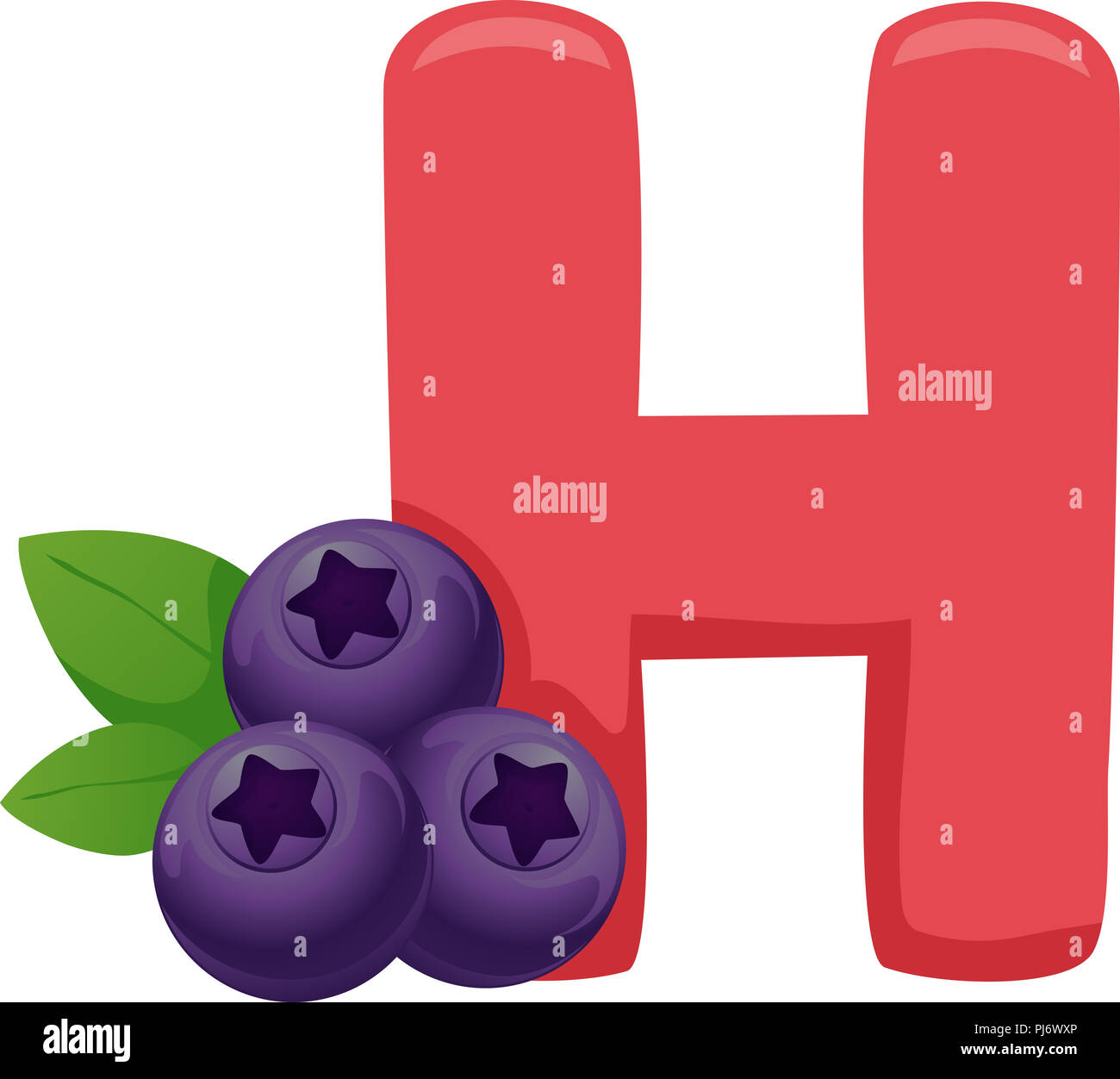 Abbildung: Obst Alphabet, einem roten Buchstaben H und Heidelbeeren Stockfoto