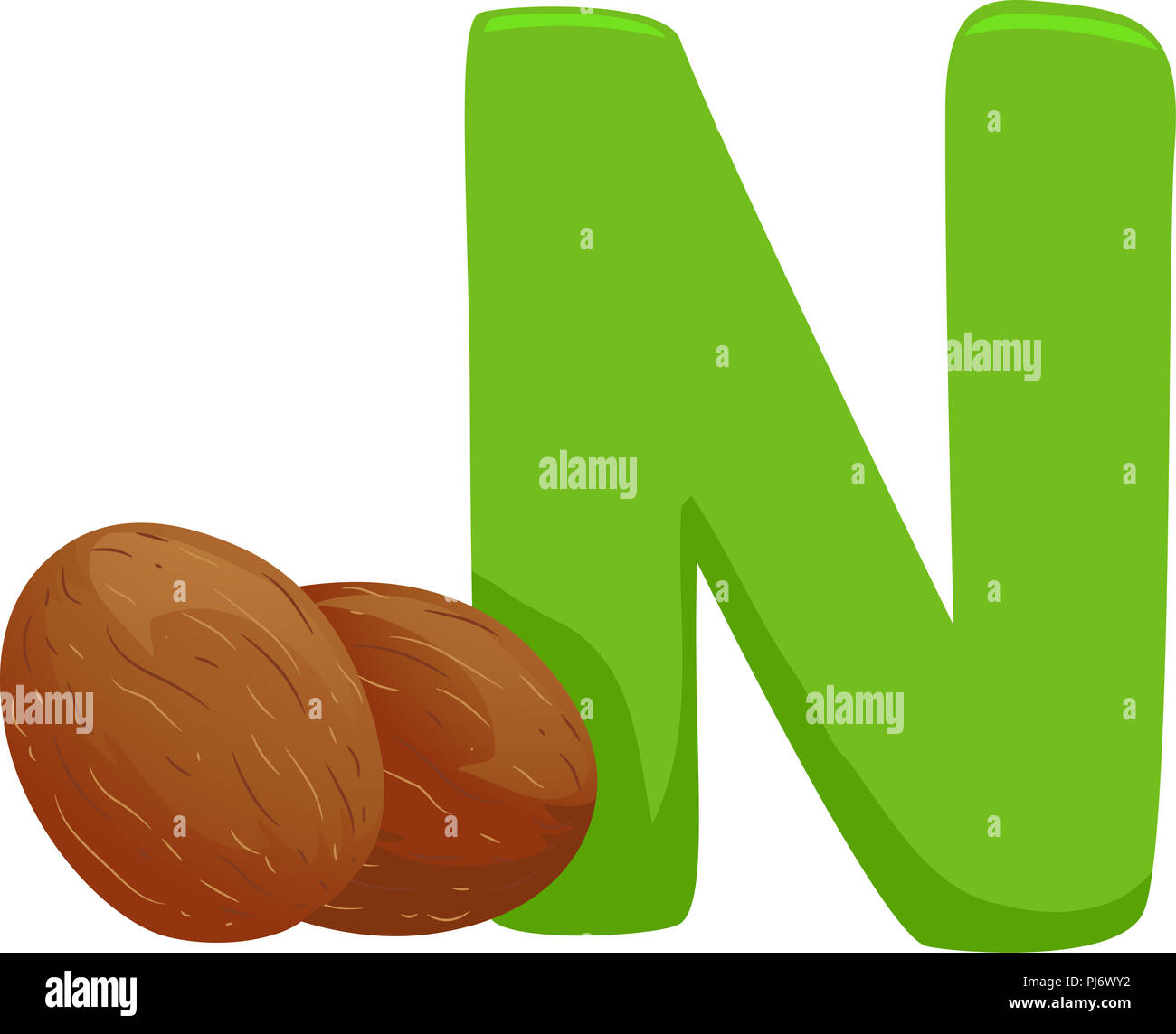 Abbildung: Obst Alphabet, eine grüne Buchstaben N und einem muskatnüsse Stockfoto
